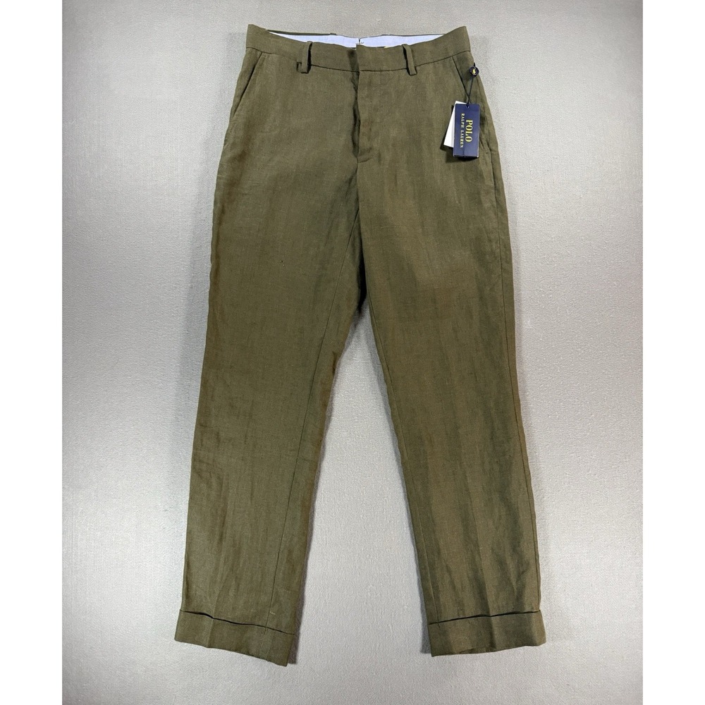 Mens Polo Ralph Lauren 100% Linen Pants In Armidillo Green Size 28x29 Cuffed